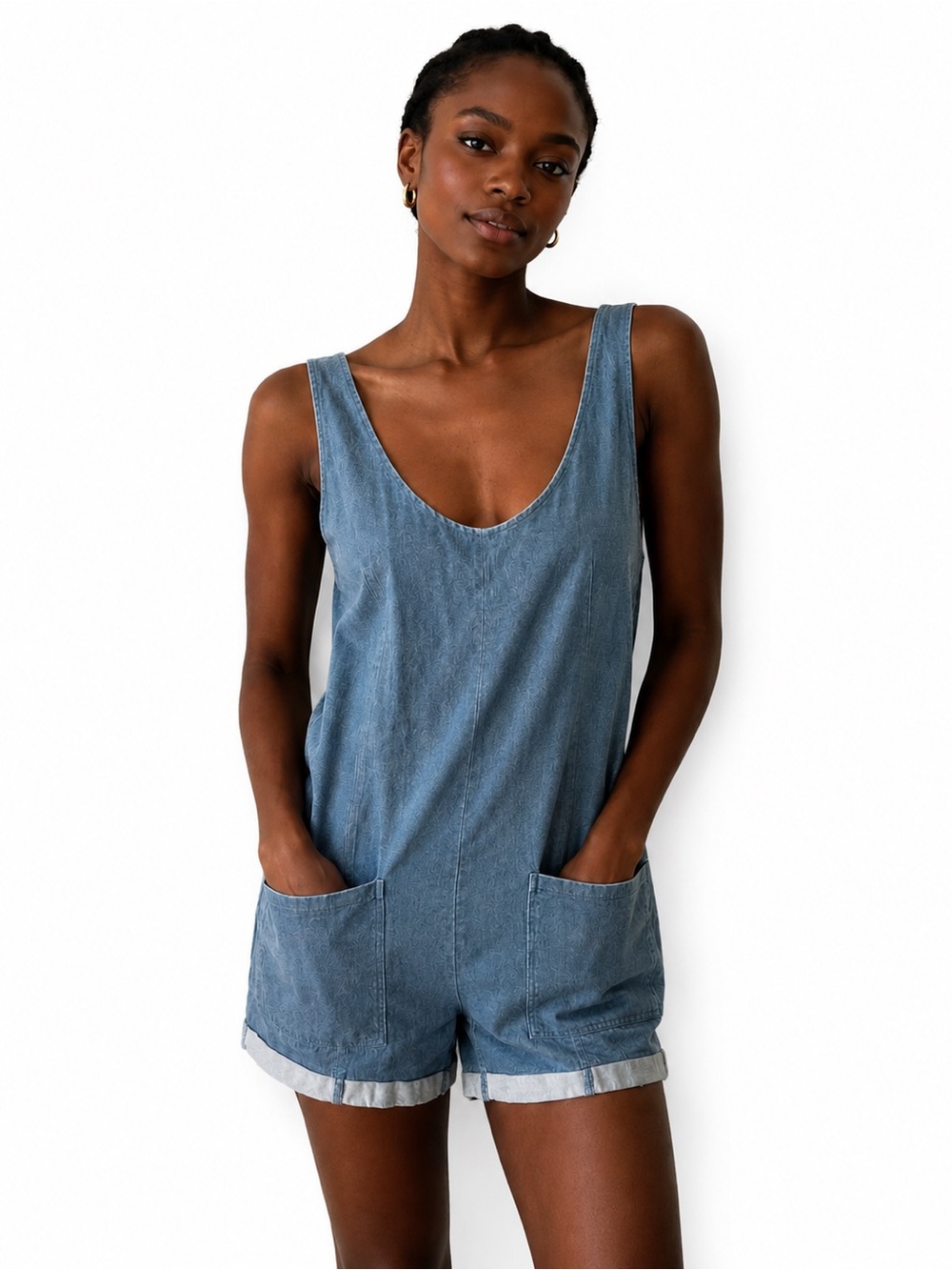Double Zero Light Blue Denim Romper Shorts